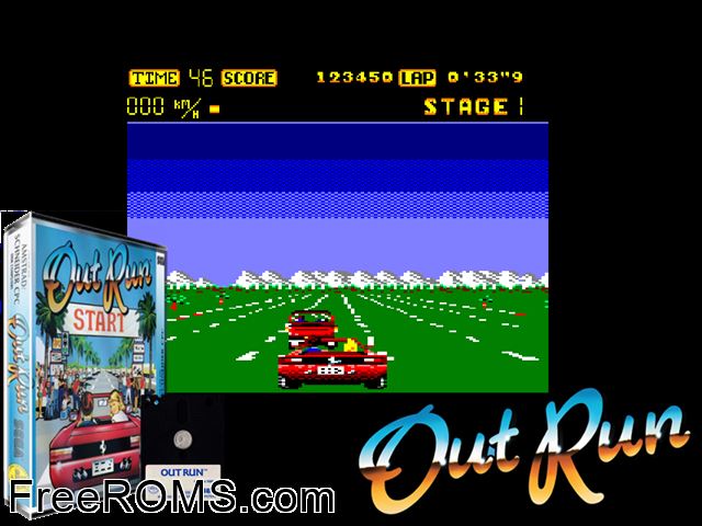 Out Run (UK) (1986) (Disk 1 of 2) [a2] Amstrad CPC game showing 3D box cover and gameplay screenshot